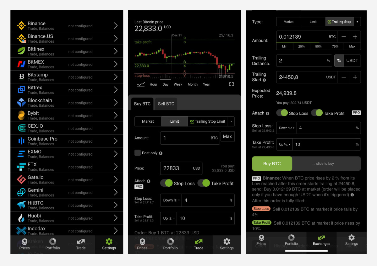 Connect with any major cryptocurrency exchange and start trading.